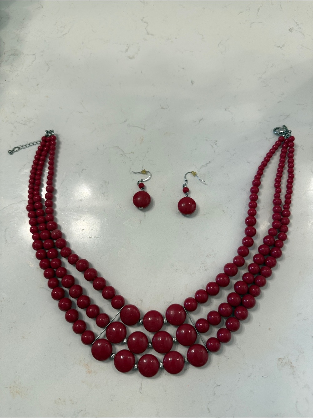 Red Beaded Multi-Strand Necklace & Earrings Set